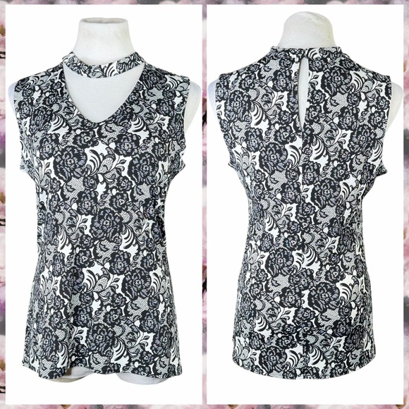 White House Black Market Tops - White House Black Market White & Black Floral Faux Lace Keyhole Tank - Medium